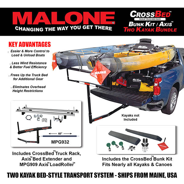 Malone CrossBed 72" Bunk Kit / Axis 60" Load Roller for 2 Kayaks